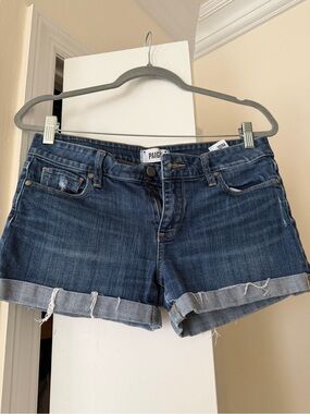 PAIGE Blue Rolled Hem Distressed Denim Shorts